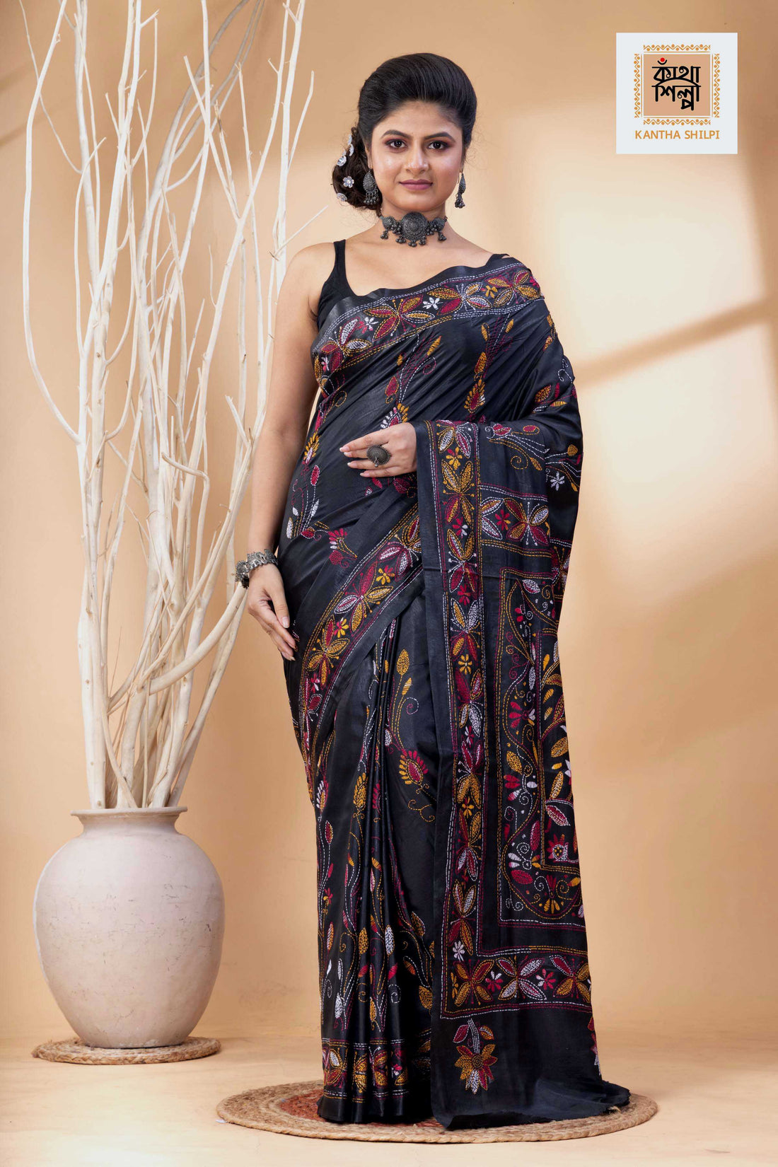 Black Color Bangalore Silk Multicolor Thread Work Kantha Stitch Saree
