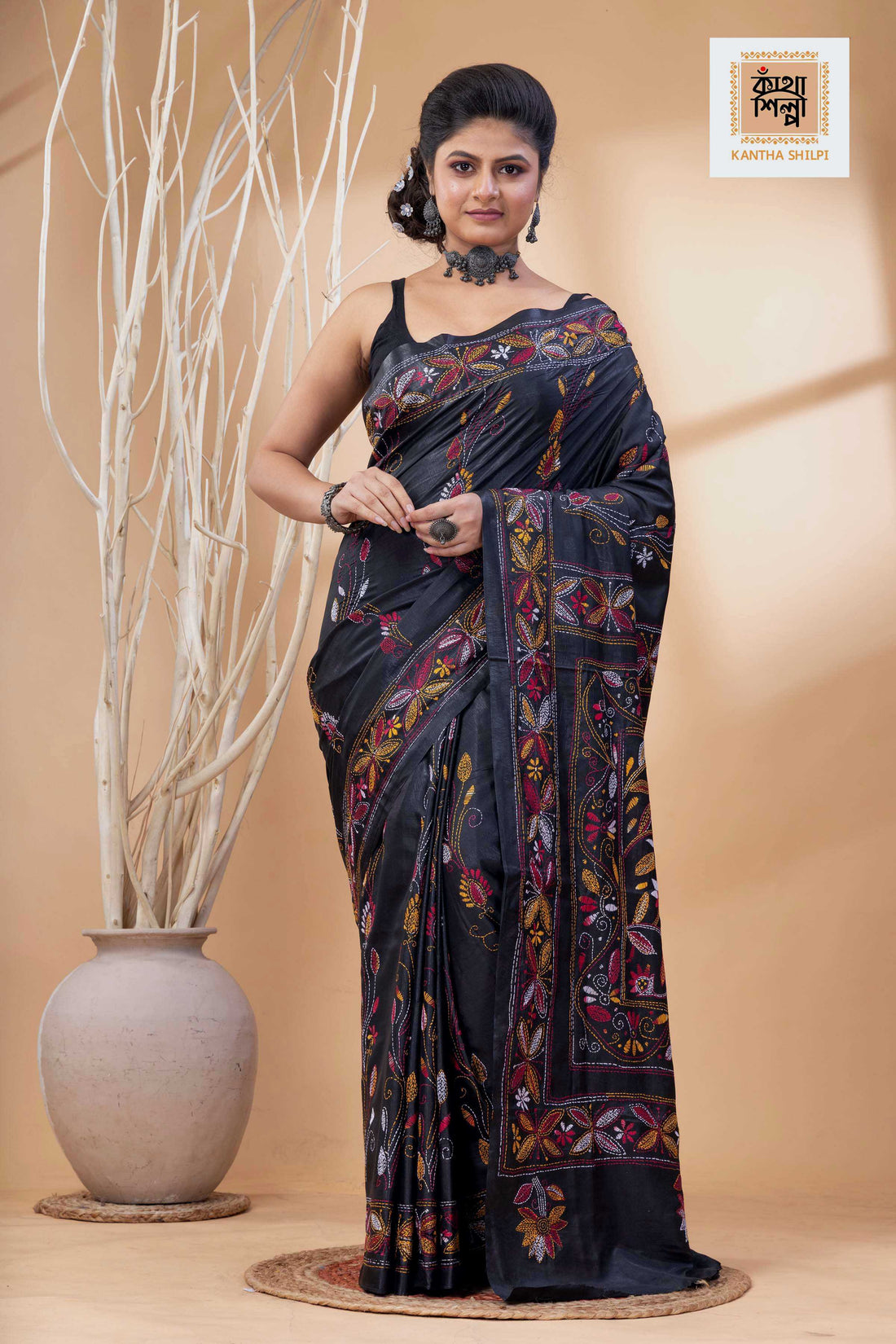 Black Color Bangalore Silk Multicolor Thread Work Kantha Stitch Saree