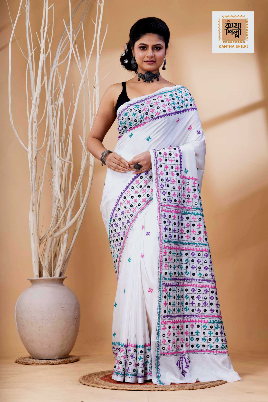 White Bangalore Silk Tri-color Thread Work Gujrati Stitch Saree