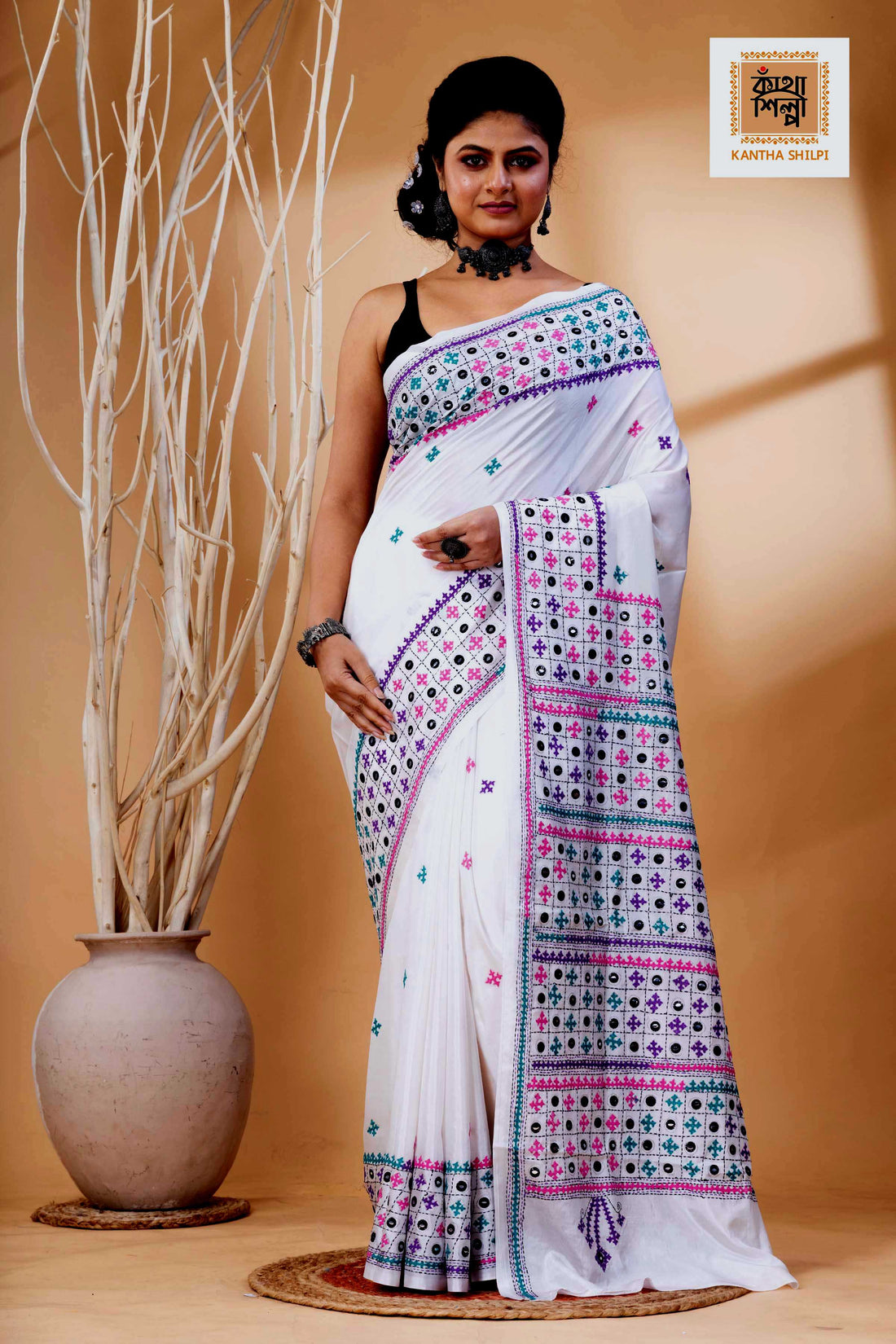 White Bangalore Silk Tri-color Thread Work Gujrati Stitch Saree