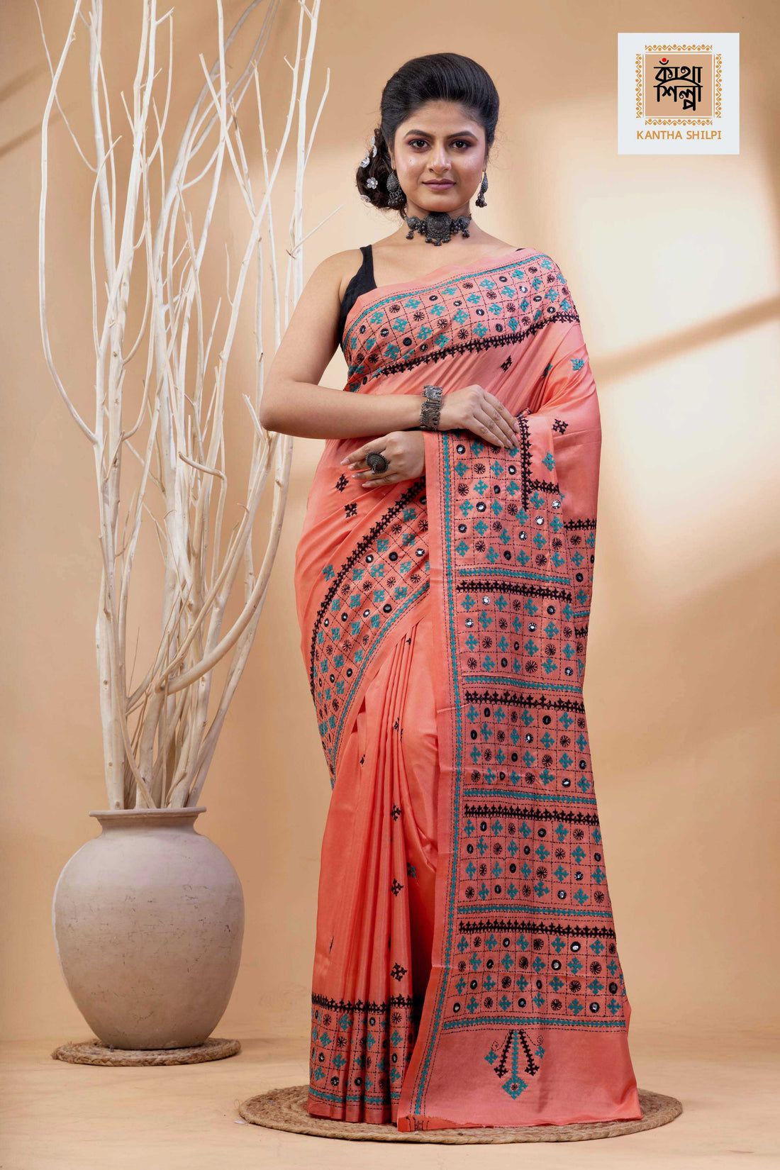 Carmine Pink Bangalore Silk Black-Green Thread Work Gujrati Stitch Saree