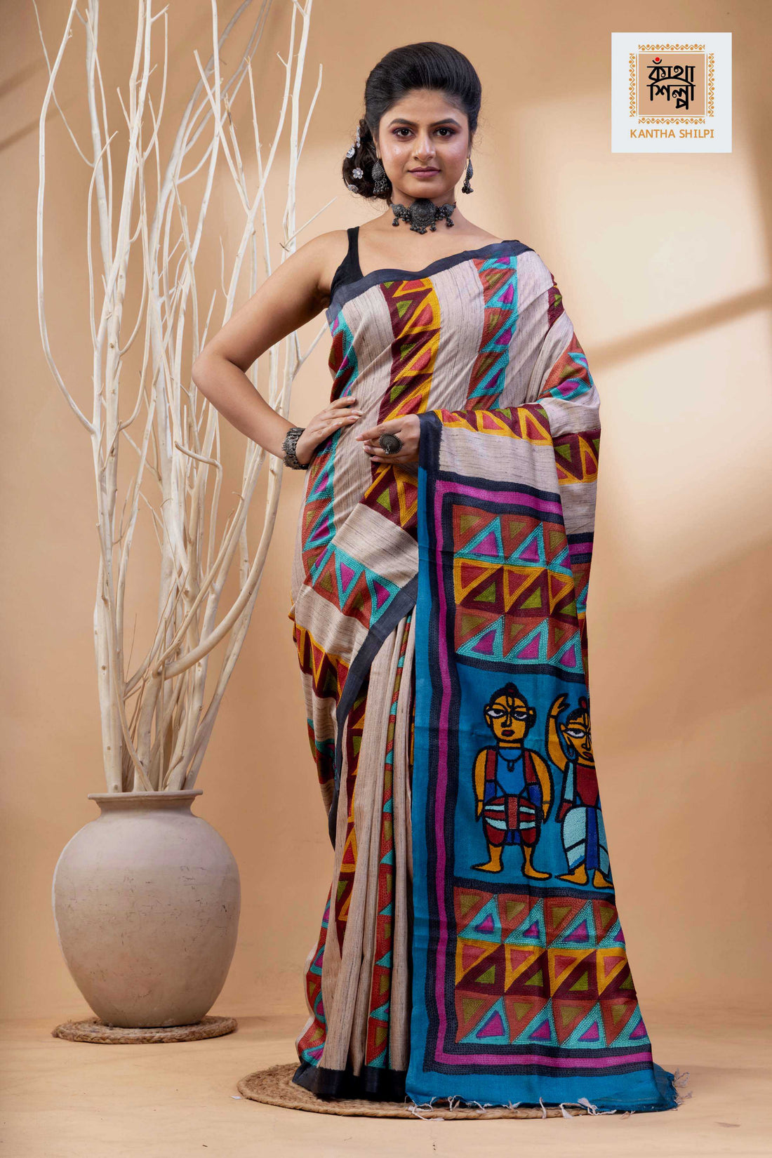 Pure Tussar Jamini Roy Style Hand Painting With Matching Multicolor Threadwork Kantha Stitch Saree