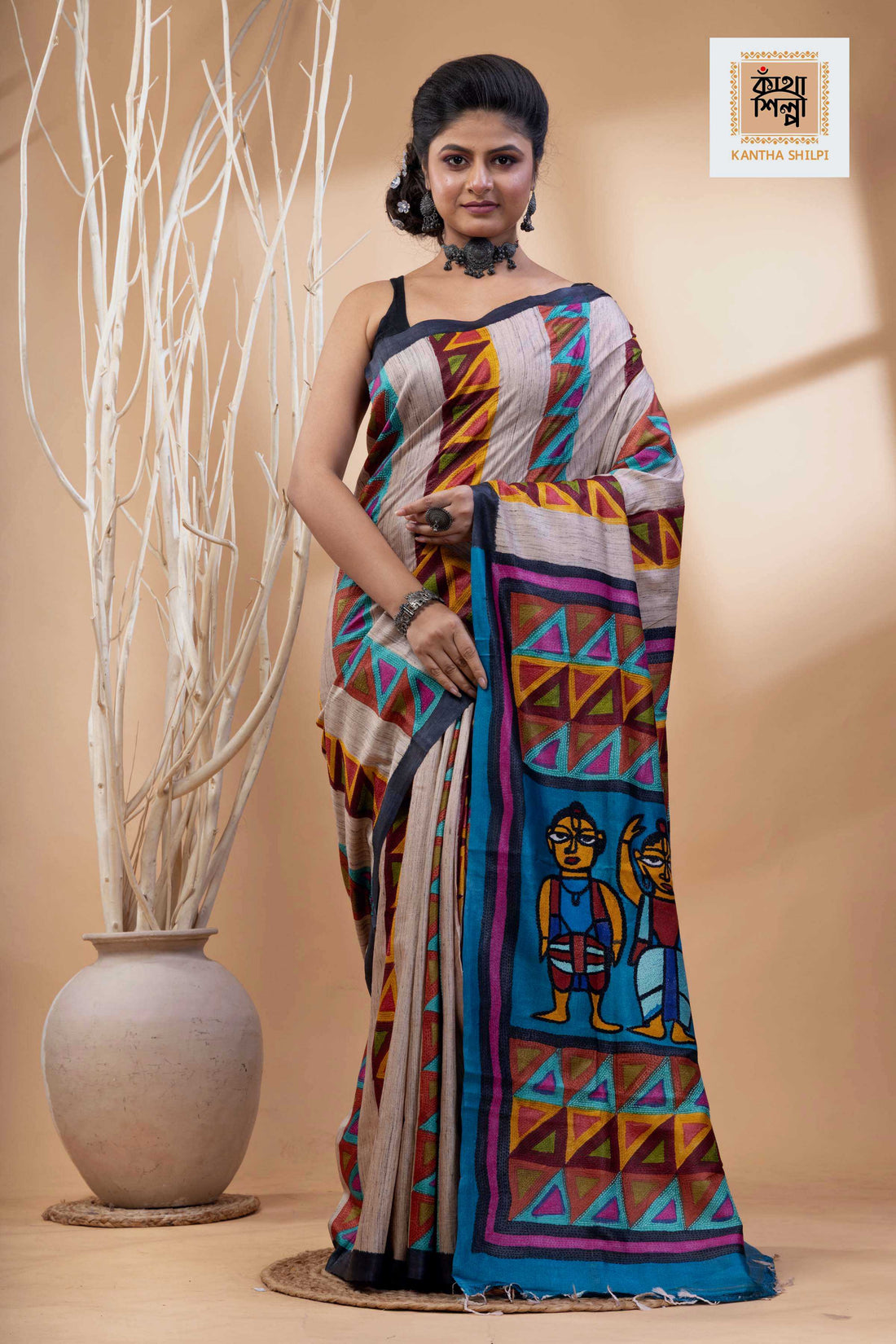 Pure Tussar Jamini Roy Style Hand Painting With Matching Multicolor Threadwork Kantha Stitch Saree