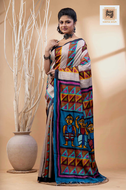 Pure Tussar Jamini Roy Style Hand Painting With Matching Multicolor Threadwork Kantha Stitch Saree