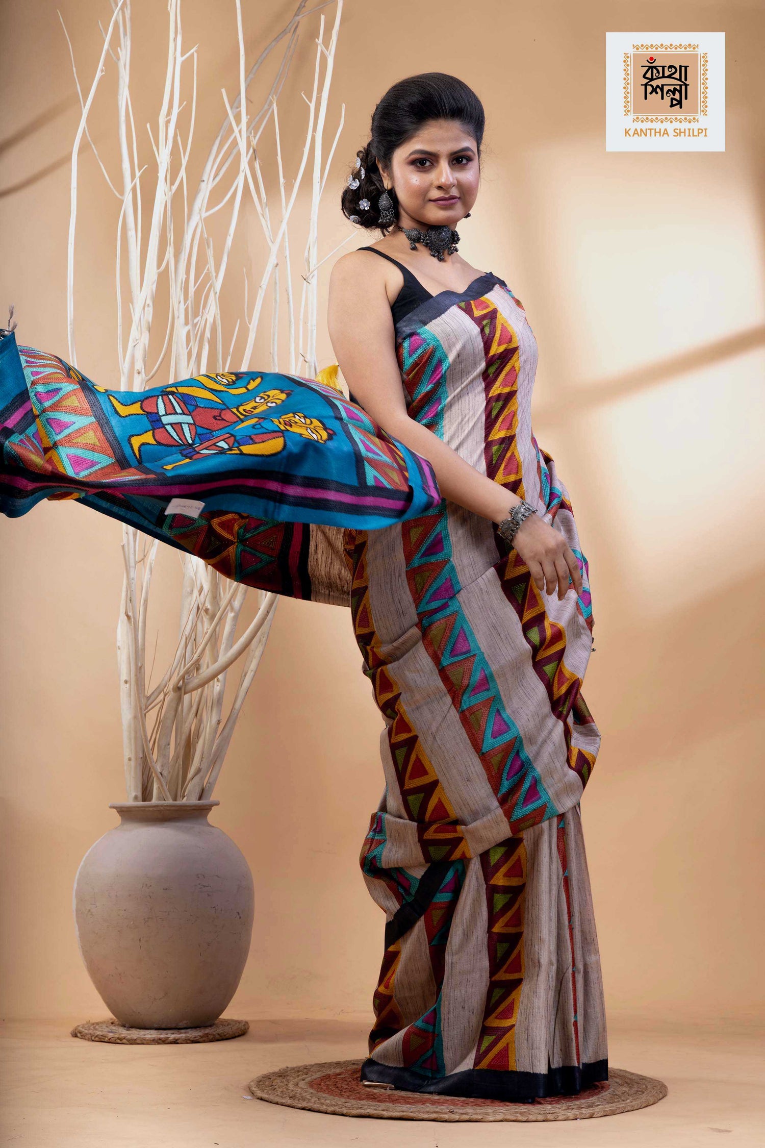 Pure Tussar Jamini Roy Style Hand Painting With Matching Multicolor Threadwork Kantha Stitch Saree