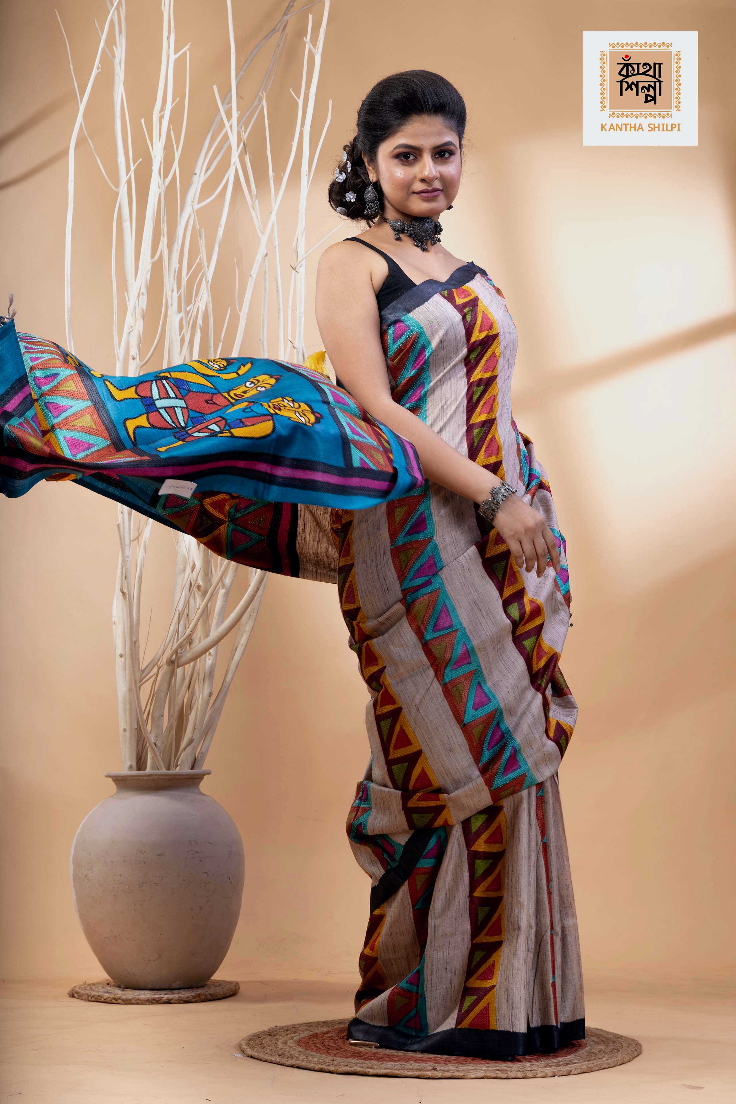 Pure Tussar Jamini Roy Style Hand Painting With Matching Multicolor Threadwork Kantha Stitch Saree
