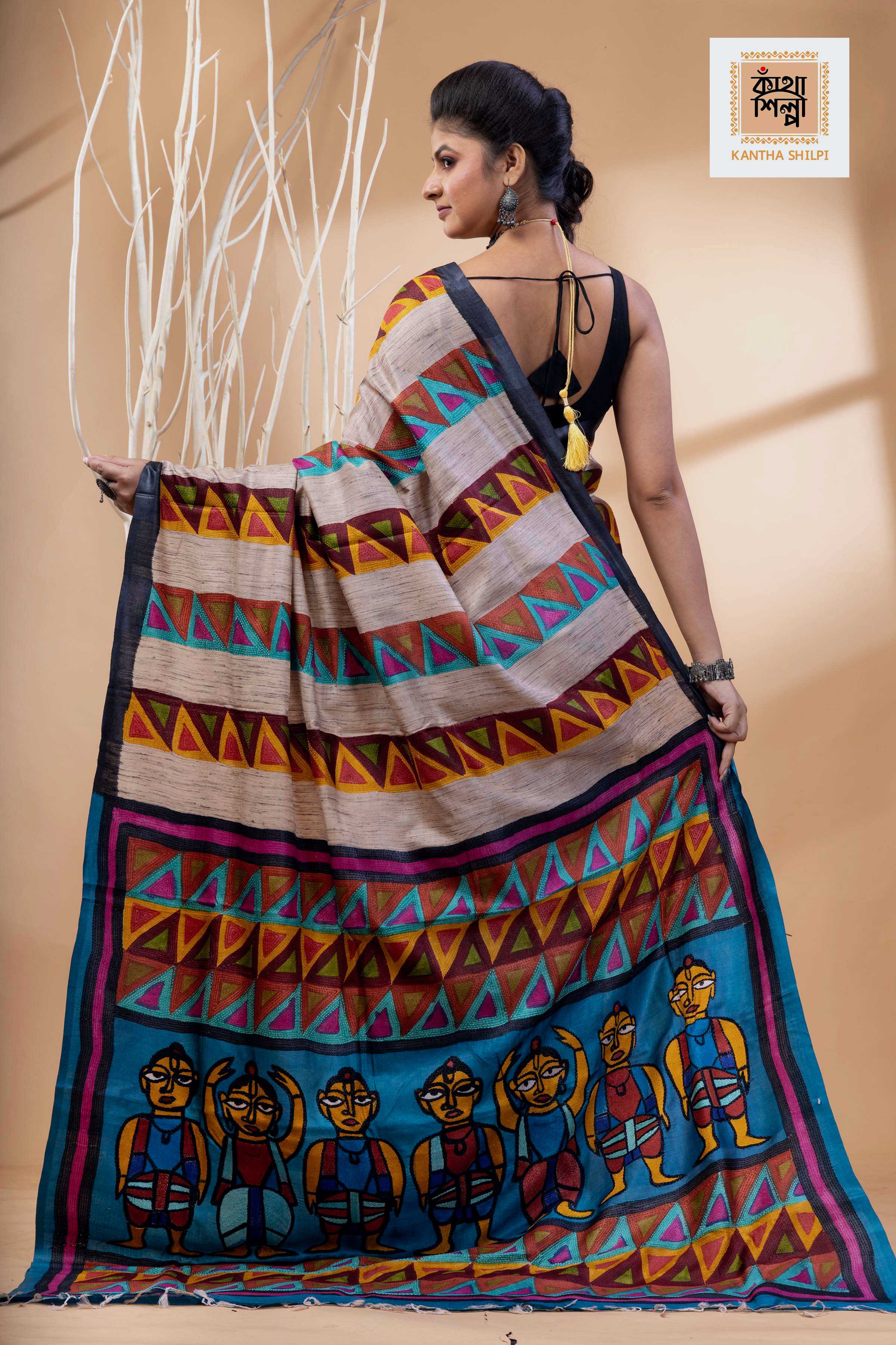 Pure Tussar Jamini Roy Style Hand Painting With Matching Multicolor Threadwork Kantha Stitch Saree