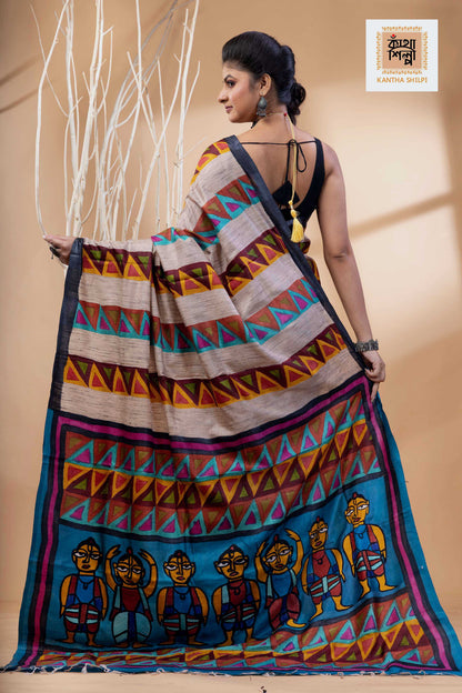 Pure Tussar Jamini Roy Style Hand Painting With Matching Multicolor Threadwork Kantha Stitch Saree
