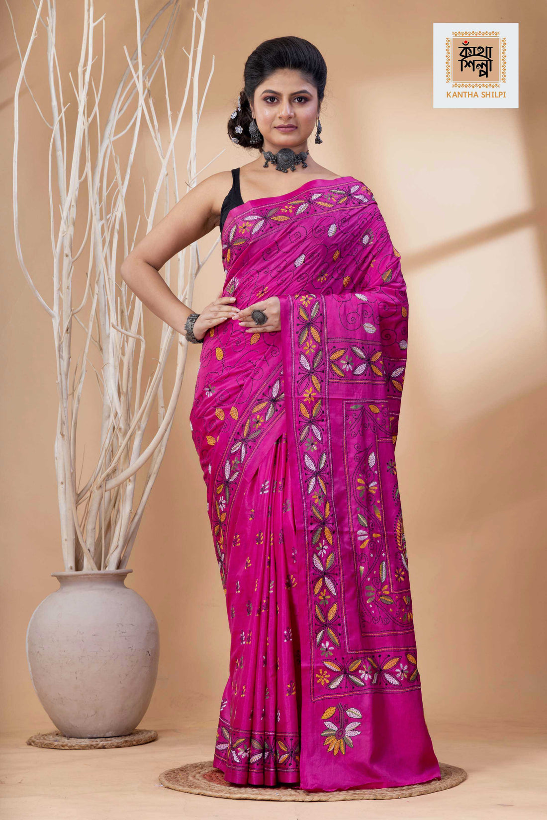 Rani Pink Color Bangalore Silk Multicolor Thread Work Kantha Stitch Saree