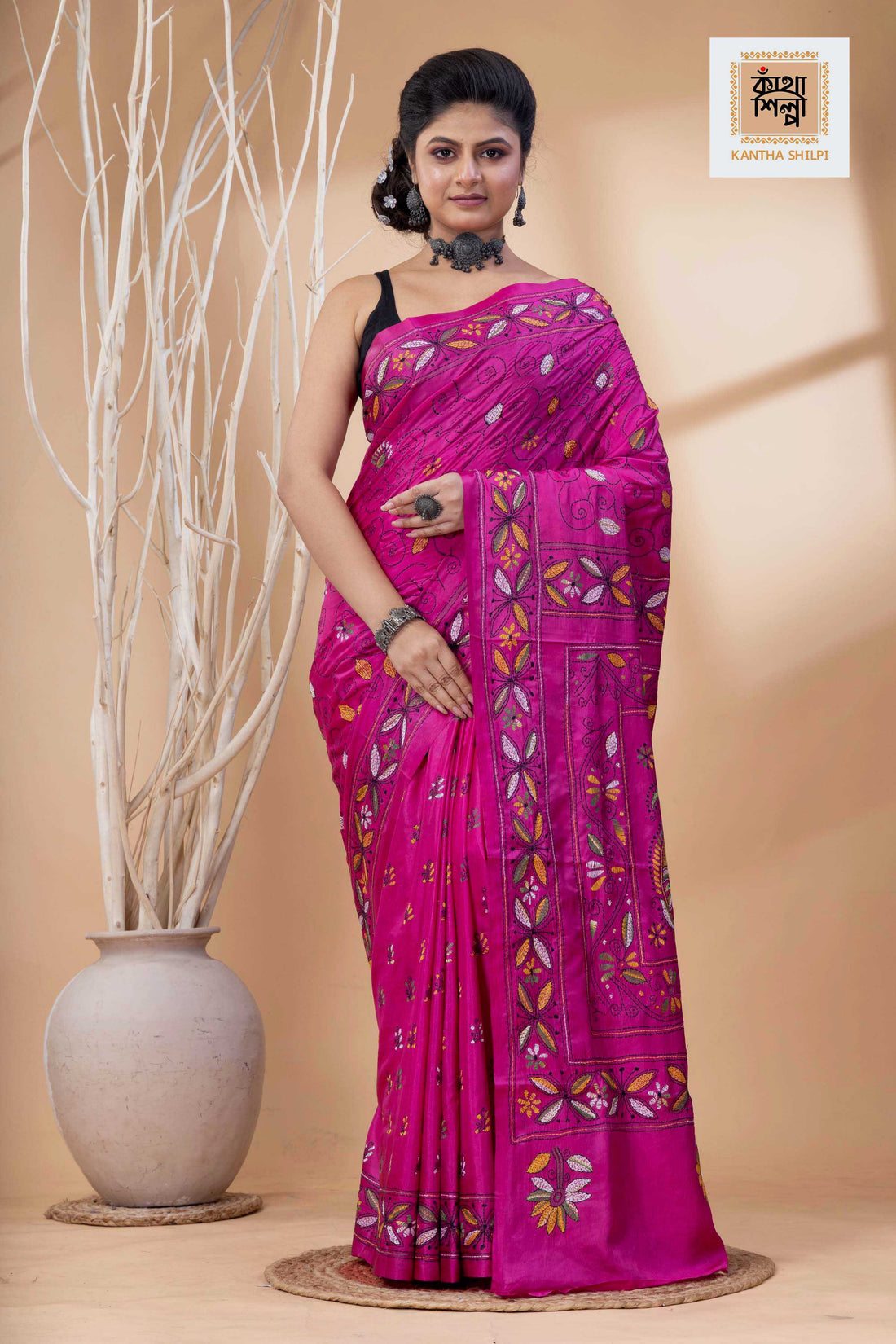Rani Pink Color Bangalore Silk Multicolor Thread Work Kantha Stitch Saree