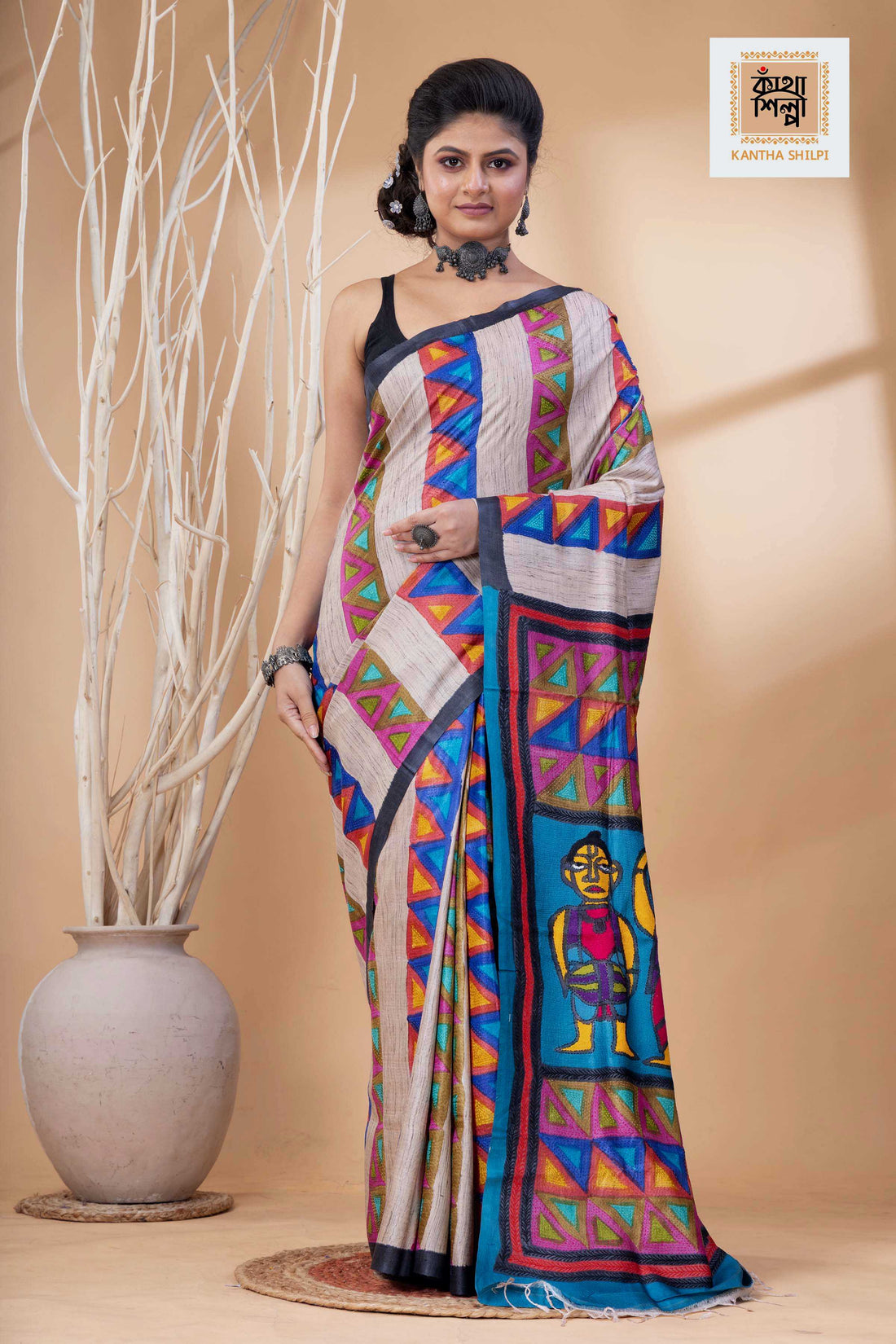 Pure Tussar Jamini Roy Style Hand Painting With Matching Multicolor Threadwork Kantha Stitch Saree