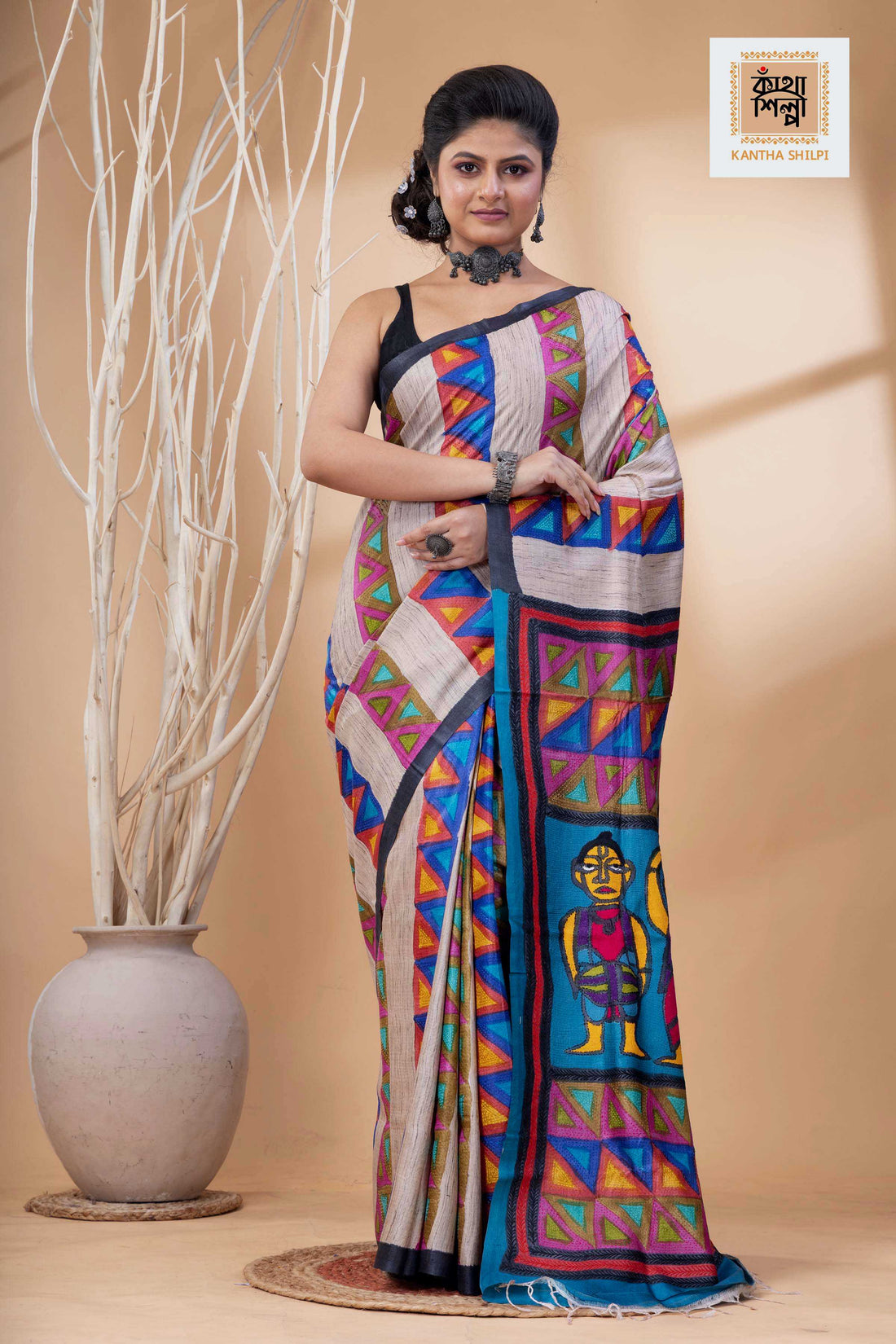 Pure Tussar Jamini Roy Style Hand Painting With Matching Multicolor Threadwork Kantha Stitch Saree