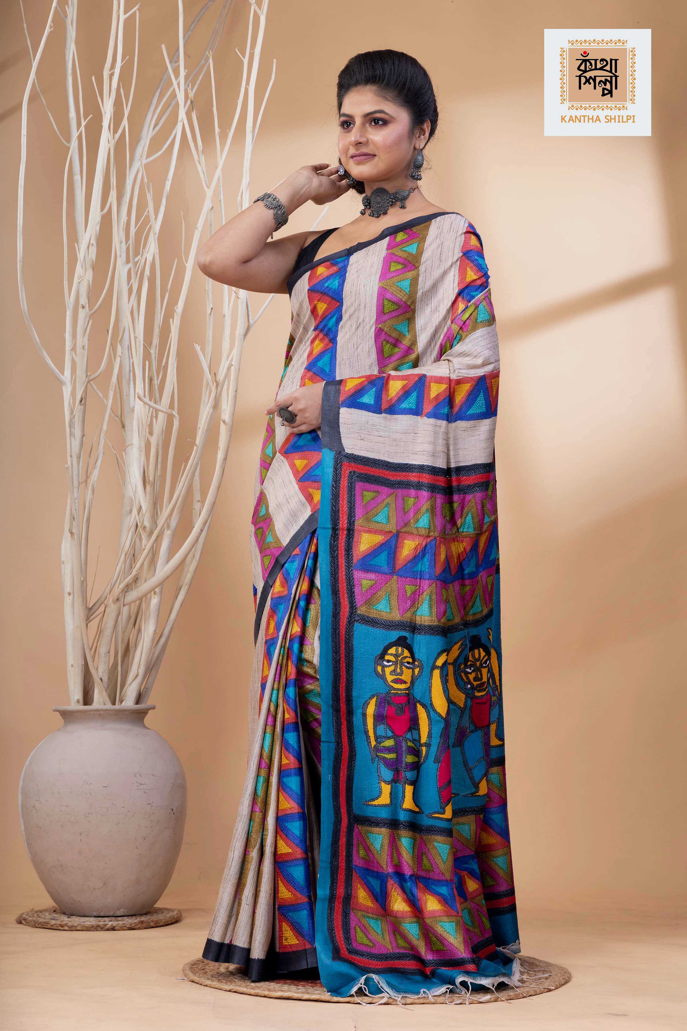 Pure Tussar Jamini Roy Style Hand Painting With Matching Multicolor Threadwork Kantha Stitch Saree