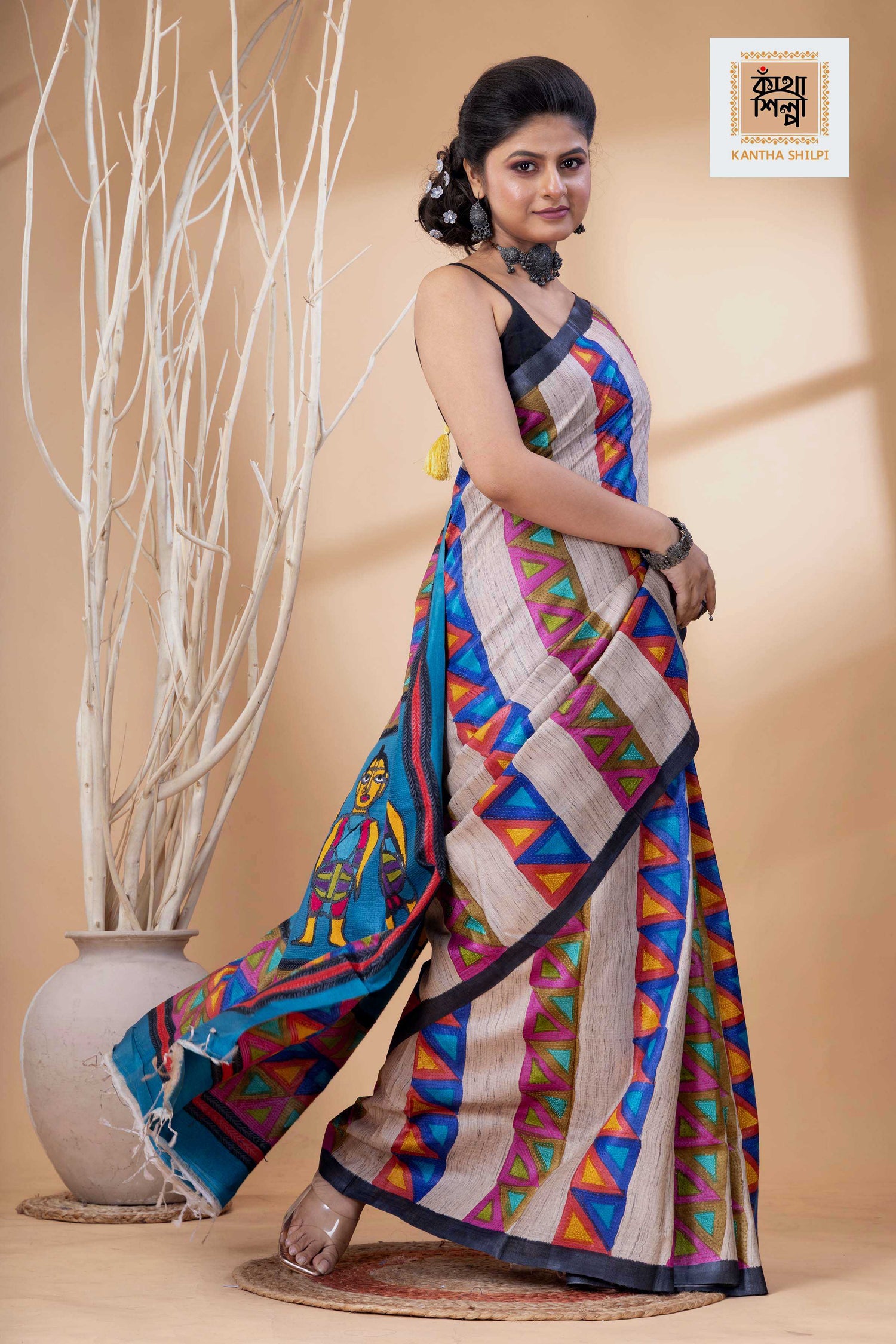 Pure Tussar Jamini Roy Style Hand Painting With Matching Multicolor Threadwork Kantha Stitch Saree