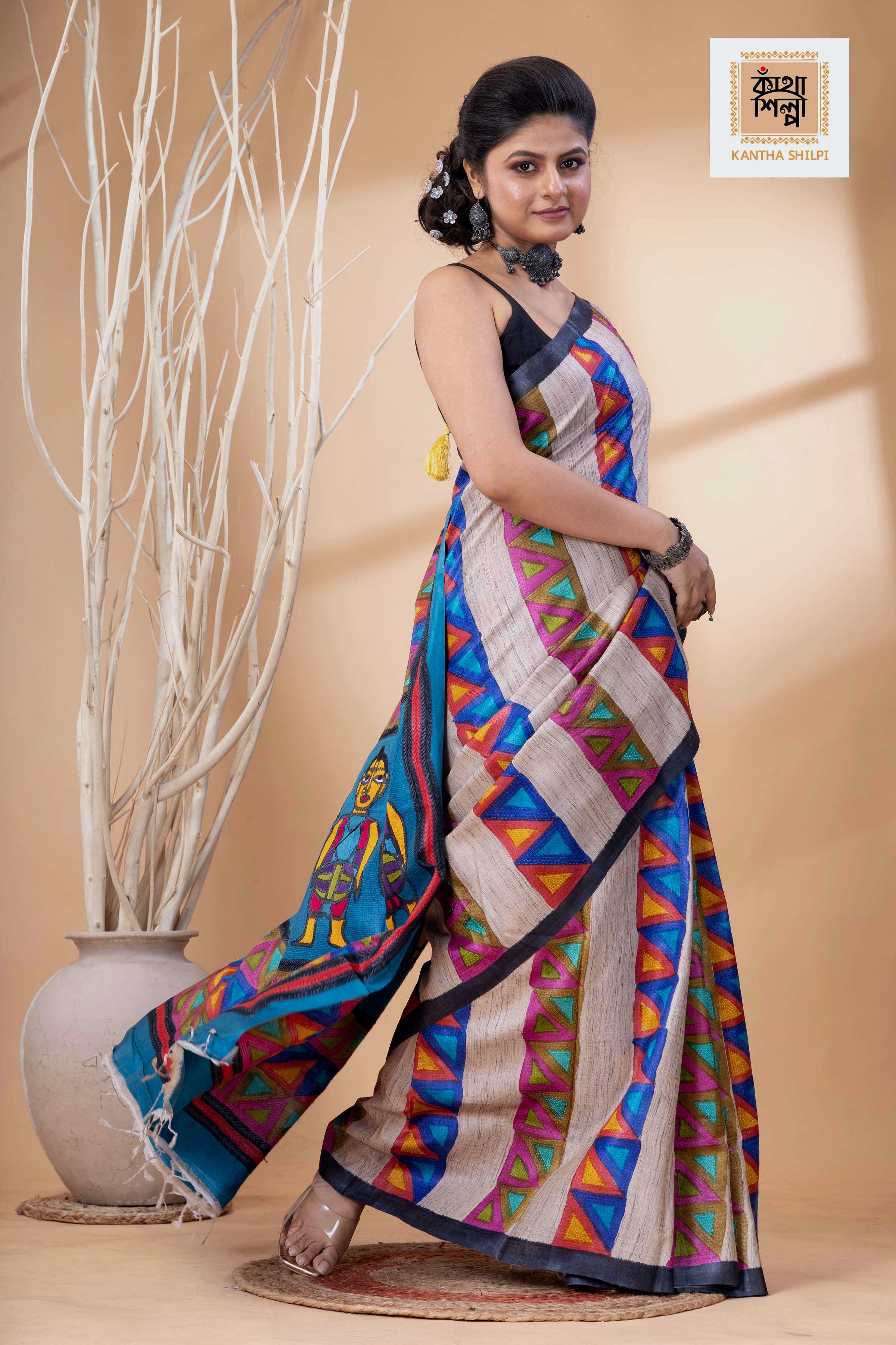 Pure Tussar Jamini Roy Style Hand Painting With Matching Multicolor Threadwork Kantha Stitch Saree