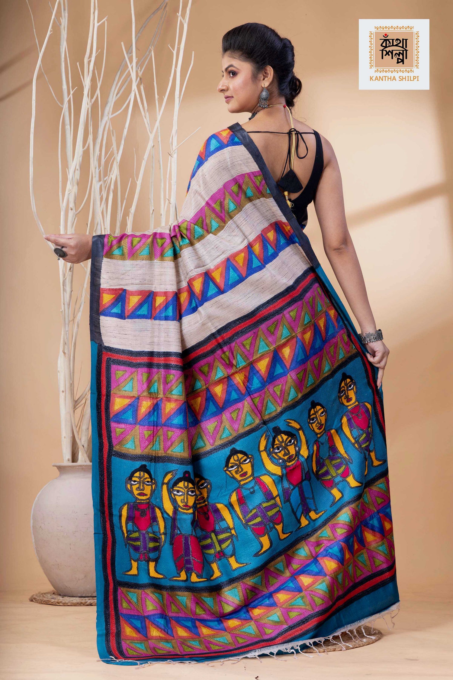 Pure Tussar Jamini Roy Style Hand Painting With Matching Multicolor Threadwork Kantha Stitch Saree