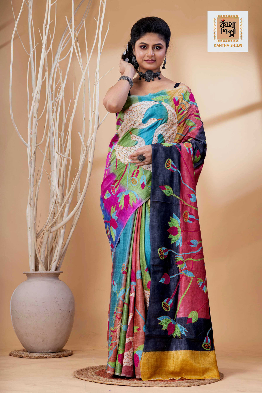 Dye Pure Tussar Multicolor Thread Work Kantha Stitch Saree