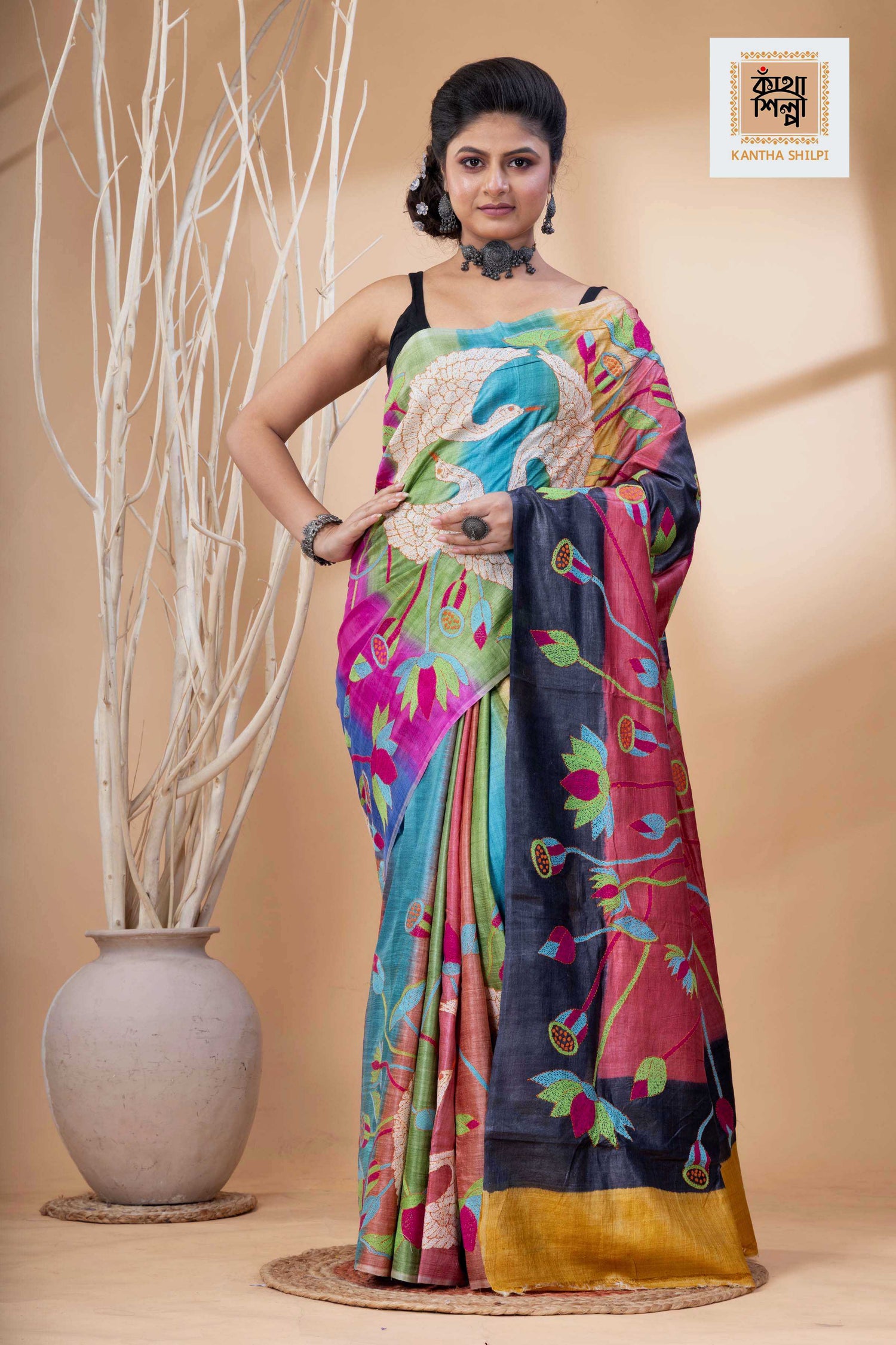 Dye Pure Tussar Multicolor Thread Work Kantha Stitch Saree