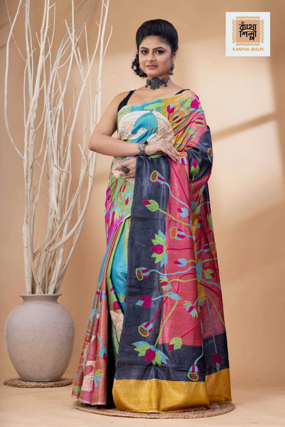 Dye Pure Tussar Multicolor Thread Work Kantha Stitch Saree