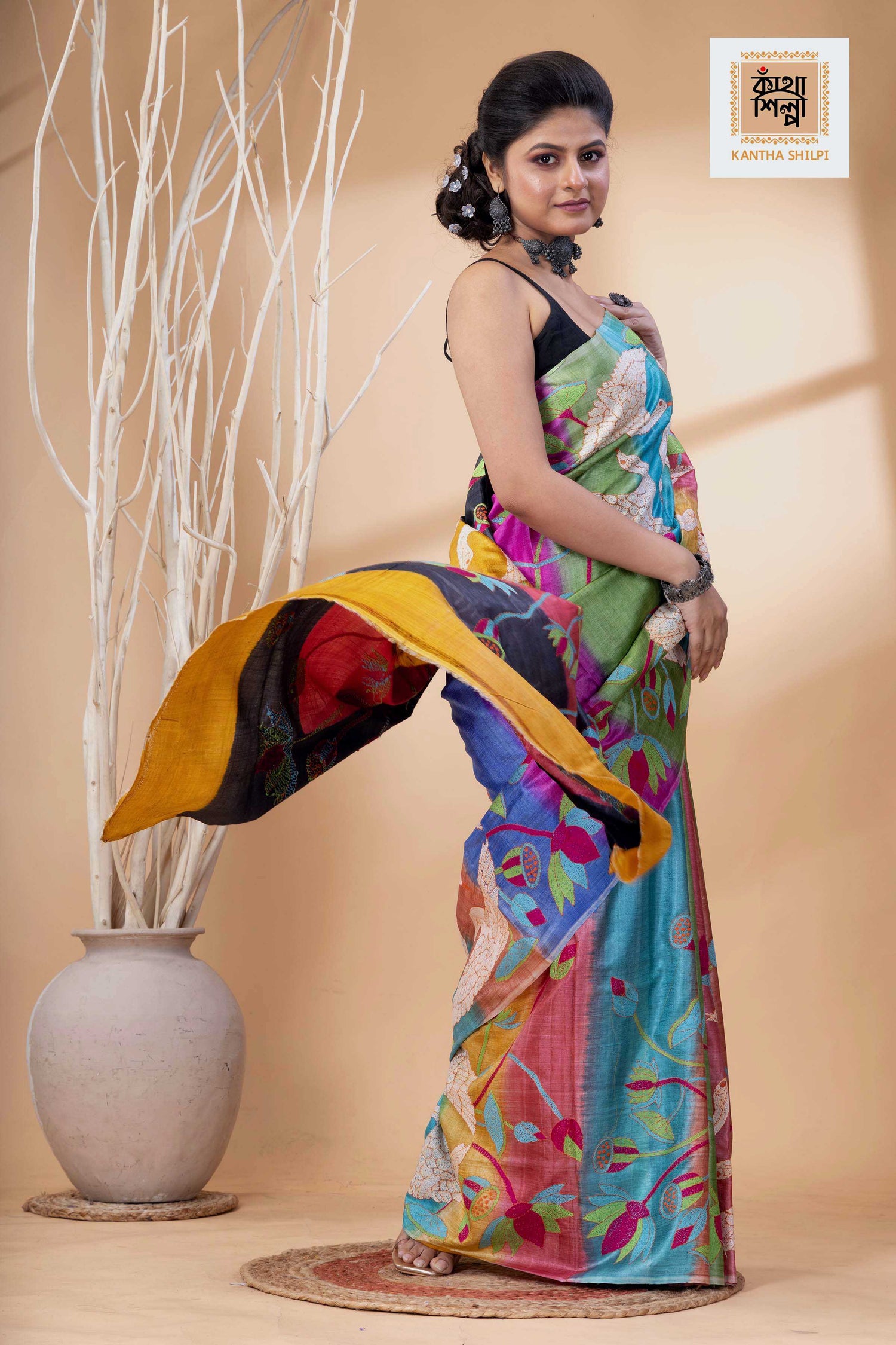 Dye Pure Tussar Multicolor Thread Work Kantha Stitch Saree