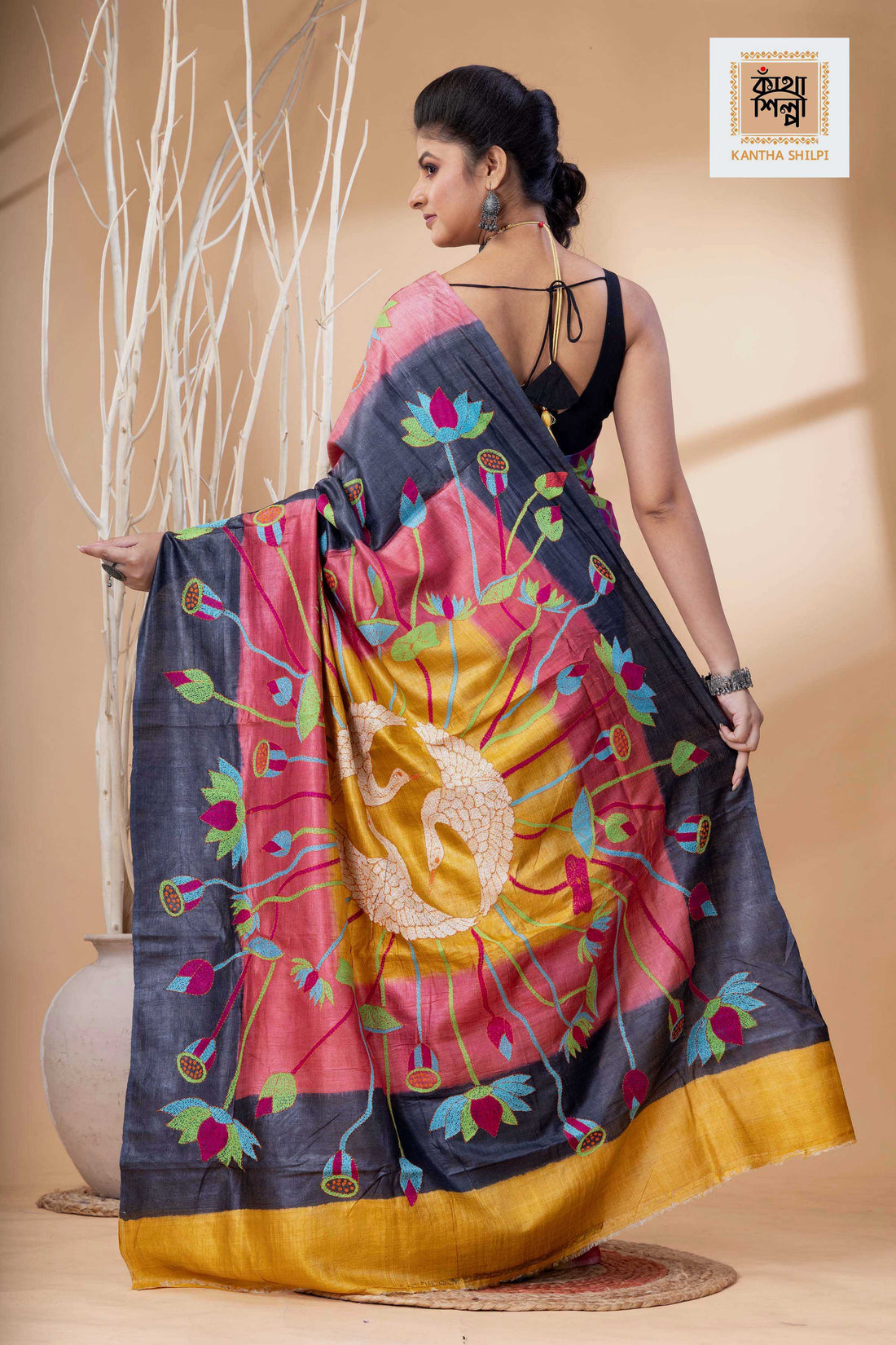 Dye Pure Tussar Multicolor Thread Work Kantha Stitch Saree