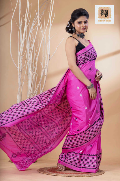 Pink Bangalore Silk Black-White Thread Work Gujrati Stitch Saree