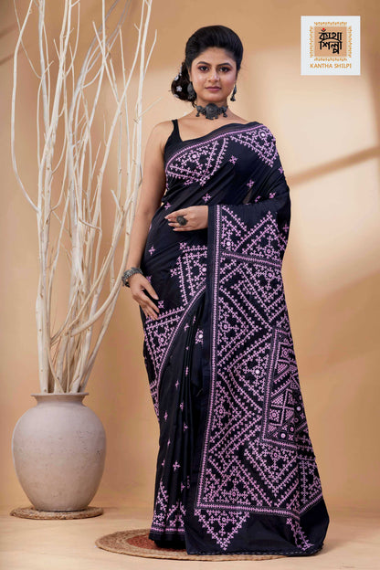 Black Bangalore Silk Pink Thread Work Gujrati Stitch Saree