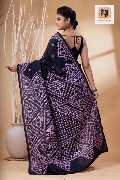 Black Bangalore Silk Pink Thread Work Gujrati Stitch Saree