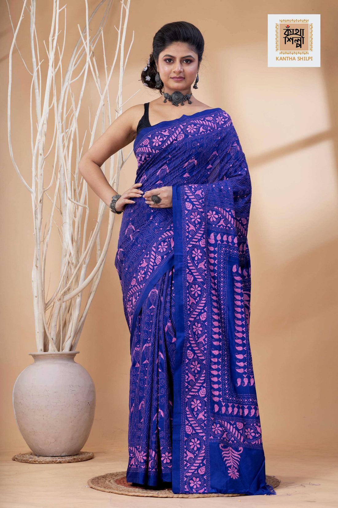 Blue Color Bangalore Silk Pink Color Thread Work Kantha Stitch Saree