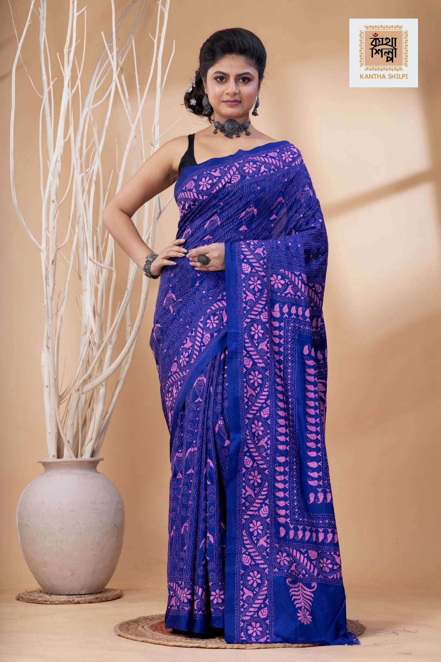 Blue Color Bangalore Silk Pink Color Thread Work Kantha Stitch Saree