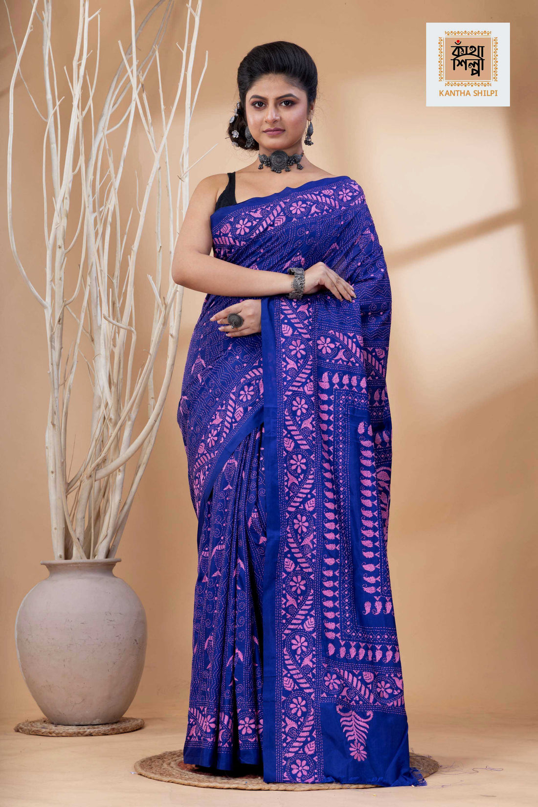 Blue Color Bangalore Silk Pink Color Thread Work Kantha Stitch Saree
