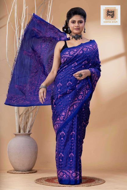 Blue Color Bangalore Silk Pink Color Thread Work Kantha Stitch Saree