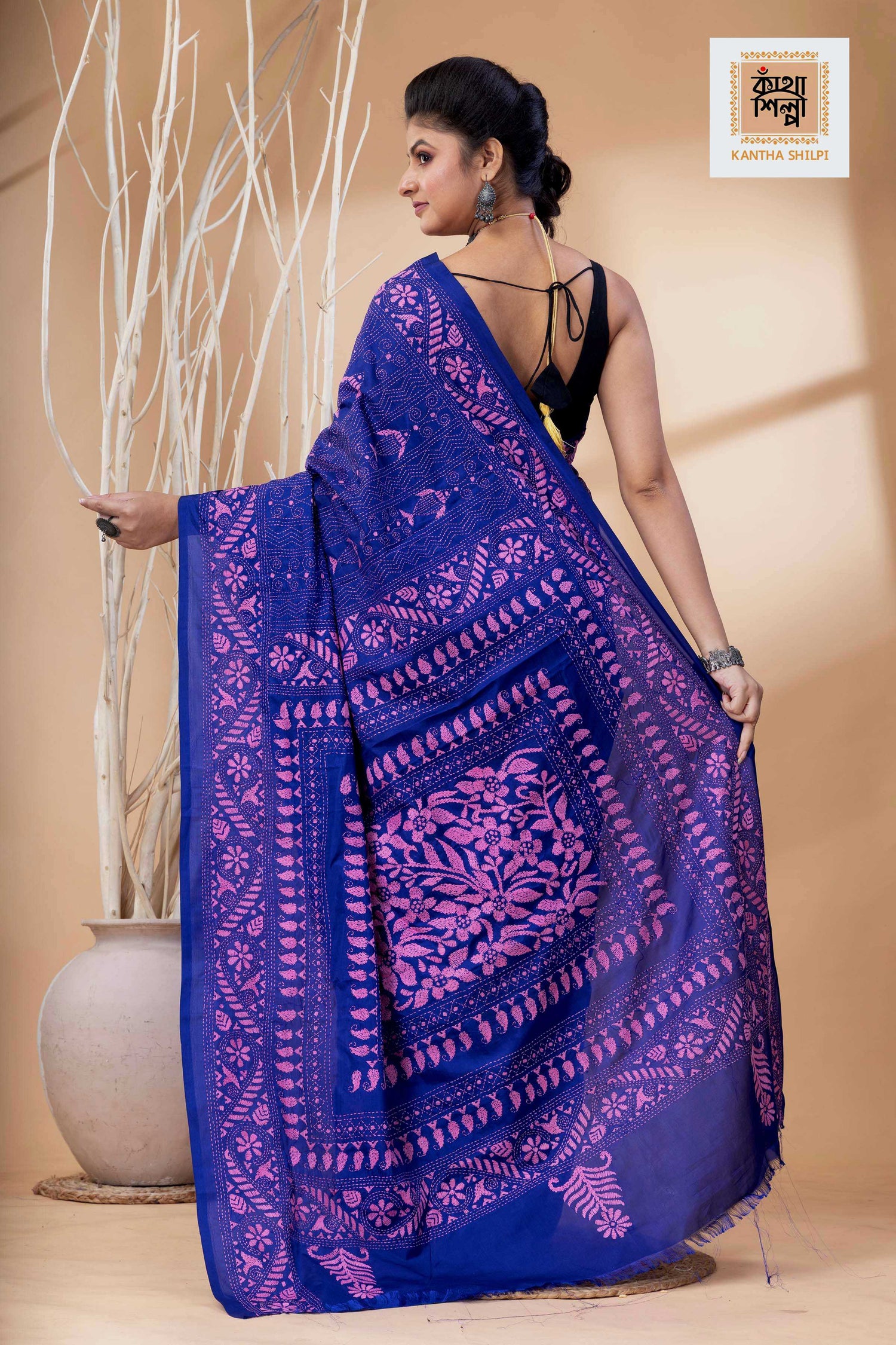 Blue Color Bangalore Silk Pink Color Thread Work Kantha Stitch Saree