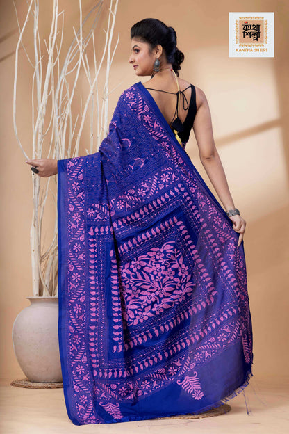 Blue Color Bangalore Silk Pink Color Thread Work Kantha Stitch Saree