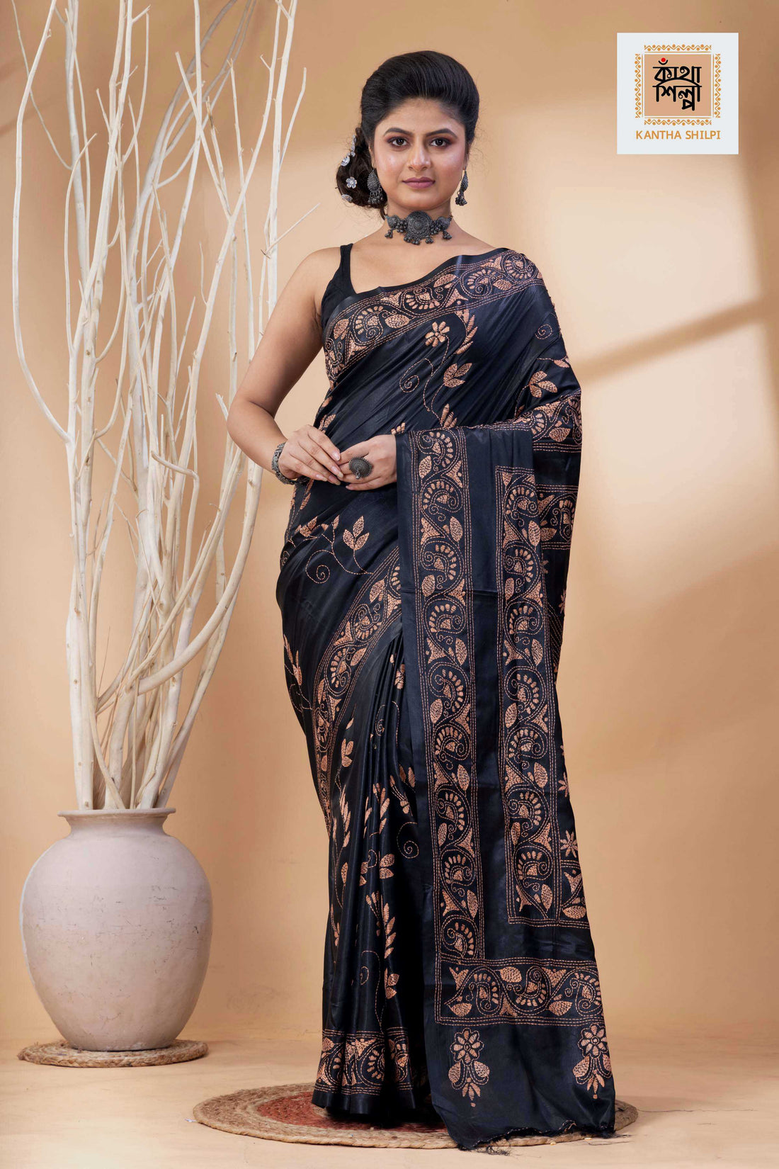 Black Color Bangalore Silk Rosy Brown Color Thread Work Kantha Stitch Saree