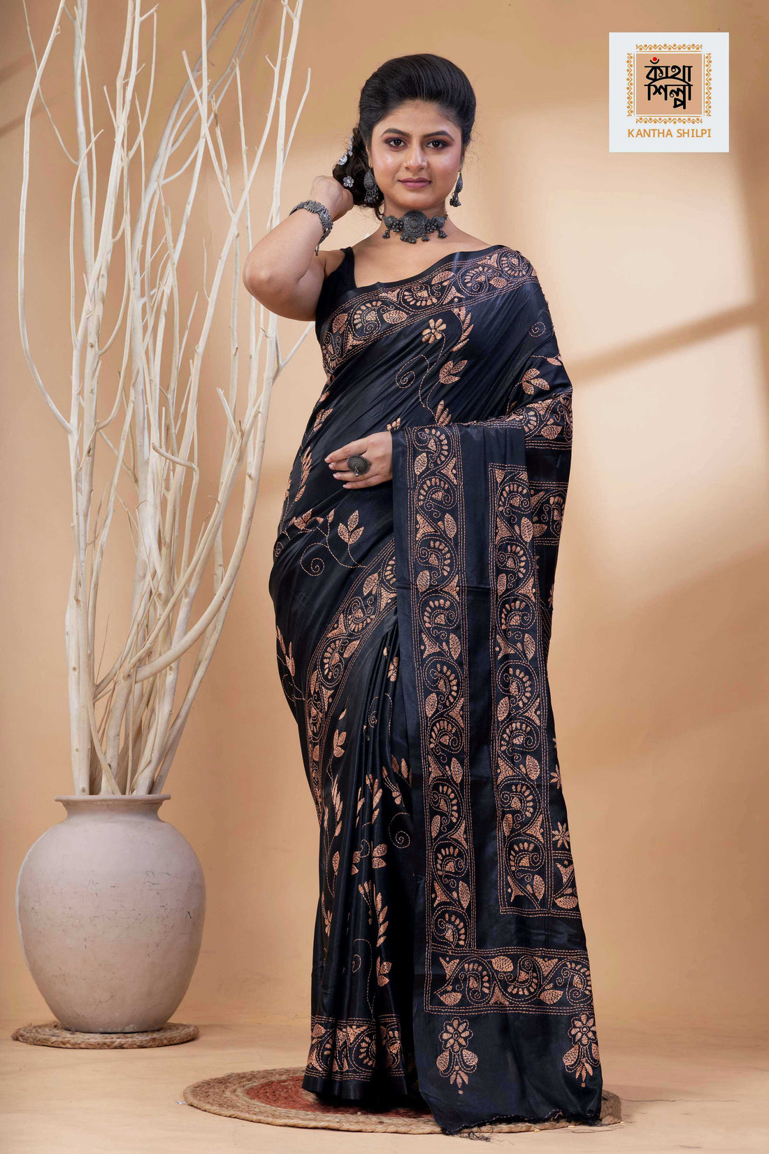 Black Color Bangalore Silk Rosy Brown Color Thread Work Kantha Stitch Saree