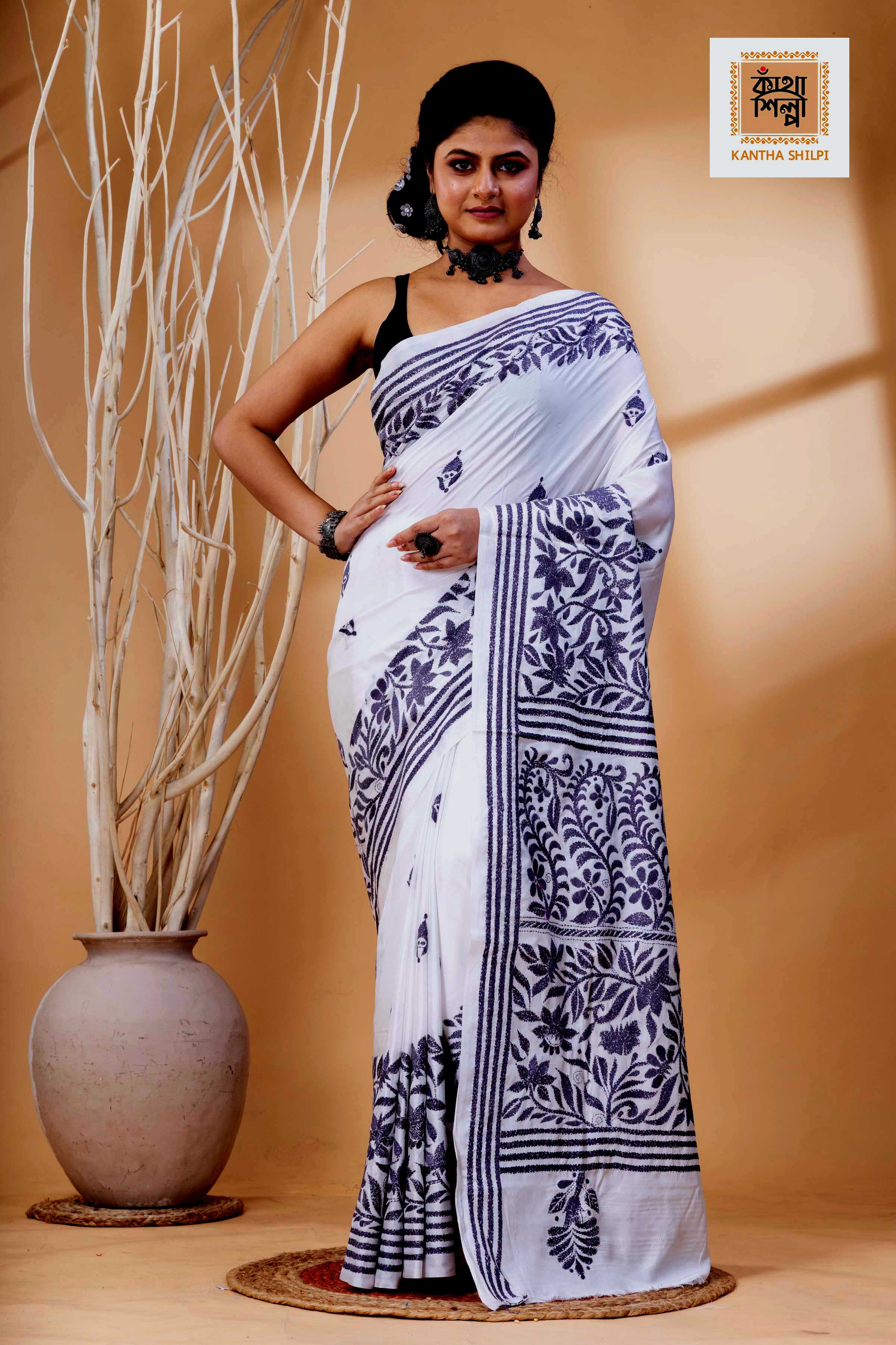 White Color Bangalore Silk Stil Grey Color Thread Work Kantha Stitch Saree