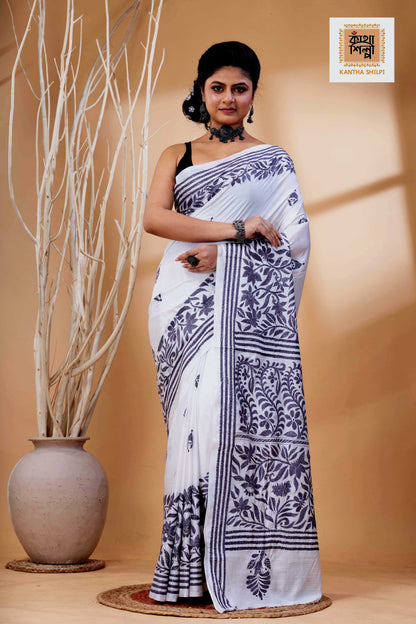 White Color Bangalore Silk Stil Grey Color Thread Work Kantha Stitch Saree