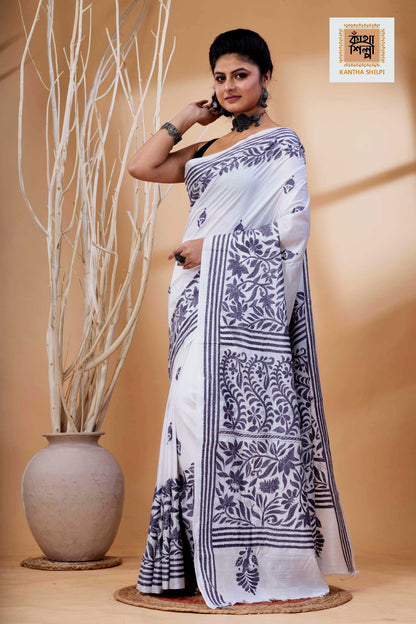 White Color Bangalore Silk Stil Grey Color Thread Work Kantha Stitch Saree