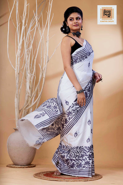 White Color Bangalore Silk Stil Grey Color Thread Work Kantha Stitch Saree