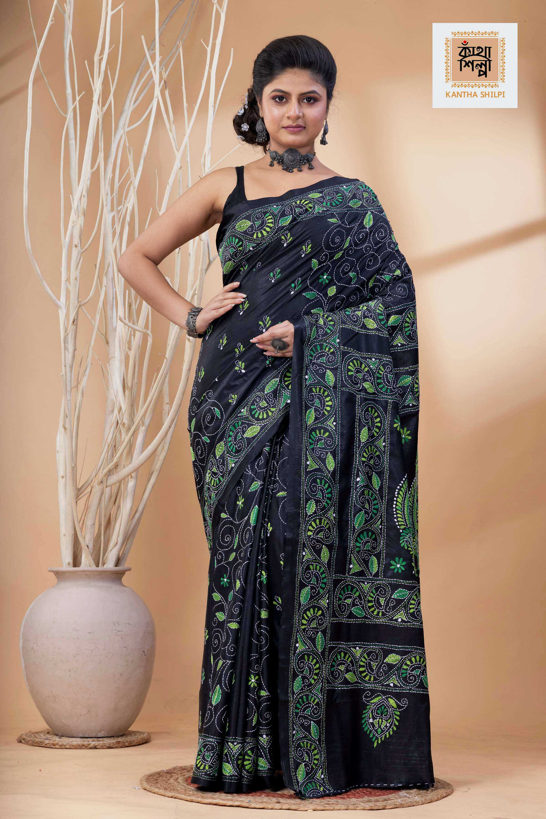 Black Color Bangalore Silk Green Color Thread Work Kantha Stitch Saree