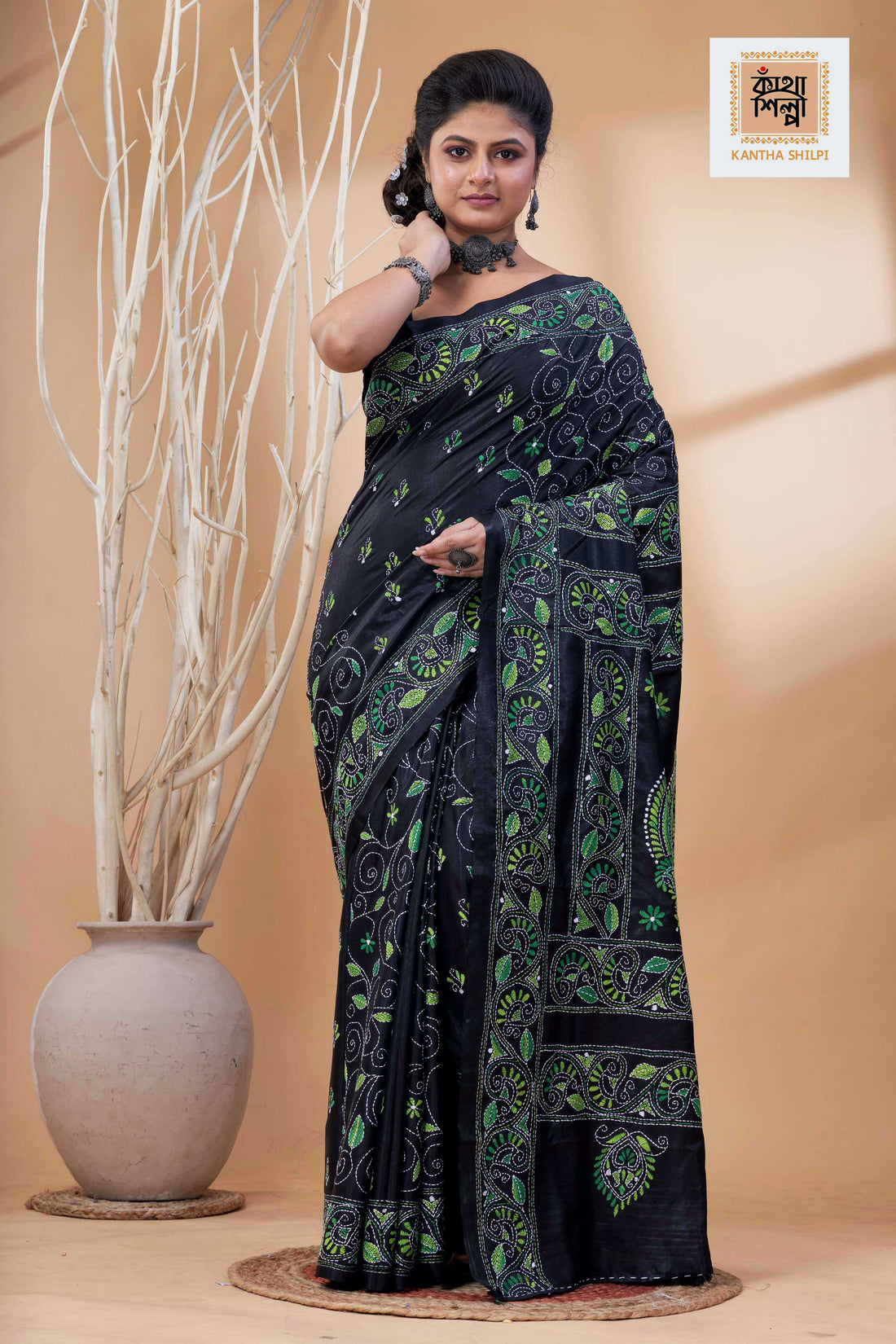 Black Color Bangalore Silk Green Color Thread Work Kantha Stitch Saree