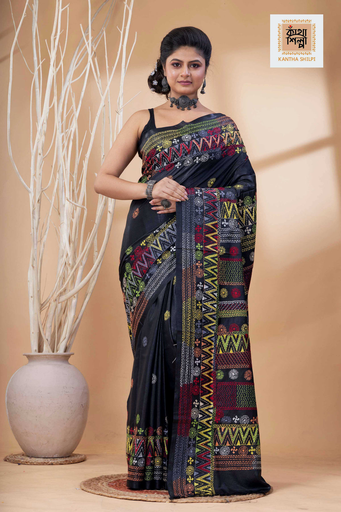 Black Color Bangalore Silk Multicolor Thread Work Lambani Stitch Saree