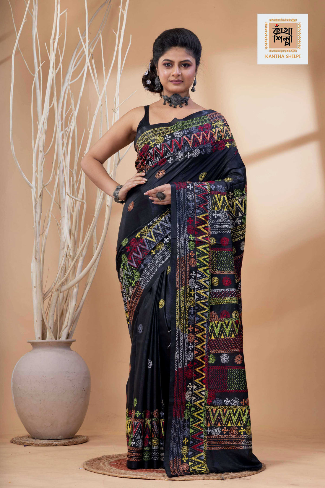 Black Color Bangalore Silk Multicolor Thread Work Lambani Stitch Saree