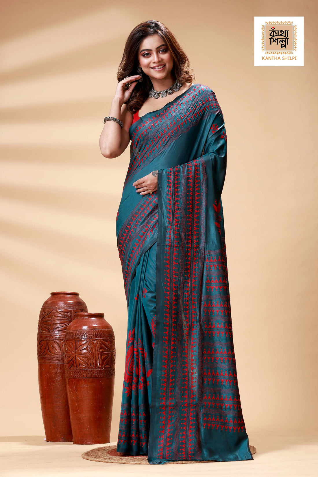 Green Color Bangalore Silk Stil Red Color Thread Work Kantha Stitch Saree