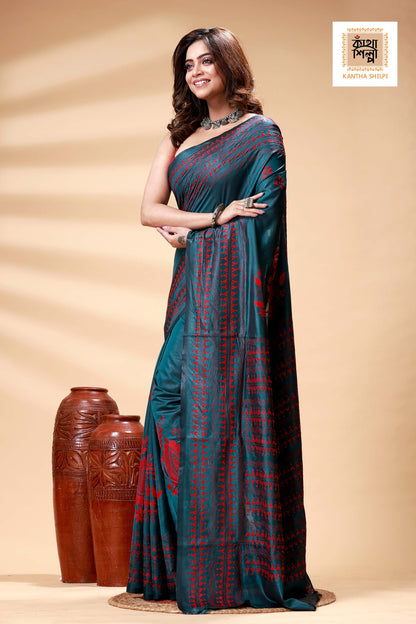 Green Color Bangalore Silk Stil Red Color Thread Work Kantha Stitch Saree
