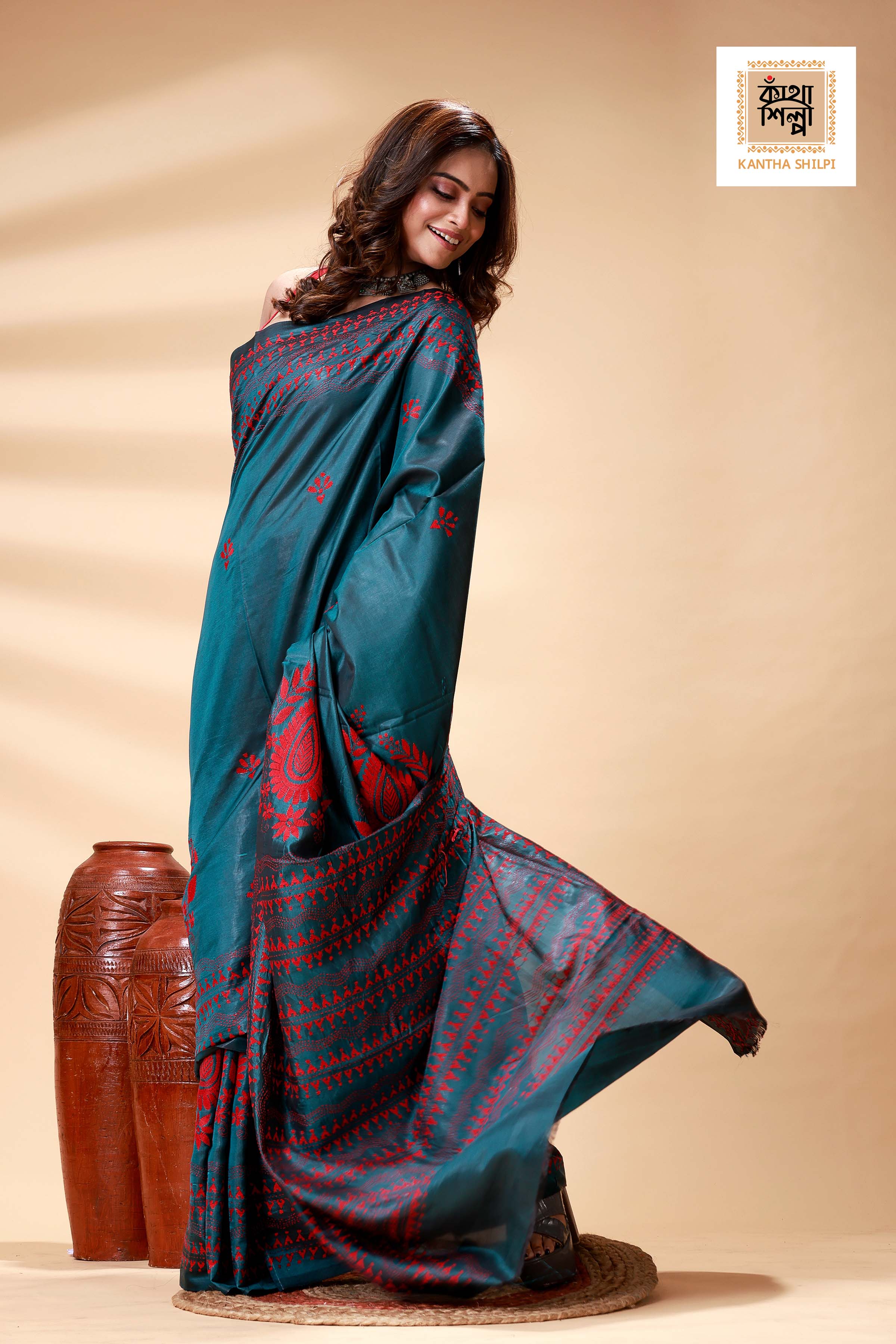 Green Color Bangalore Silk Stil Red Color Thread Work Kantha Stitch Saree
