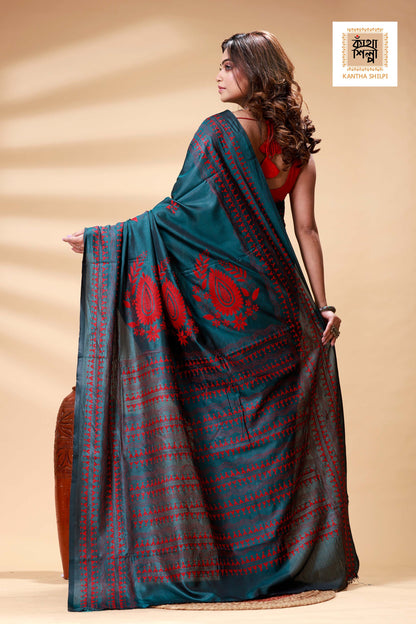 Green Color Bangalore Silk Stil Red Color Thread Work Kantha Stitch Saree