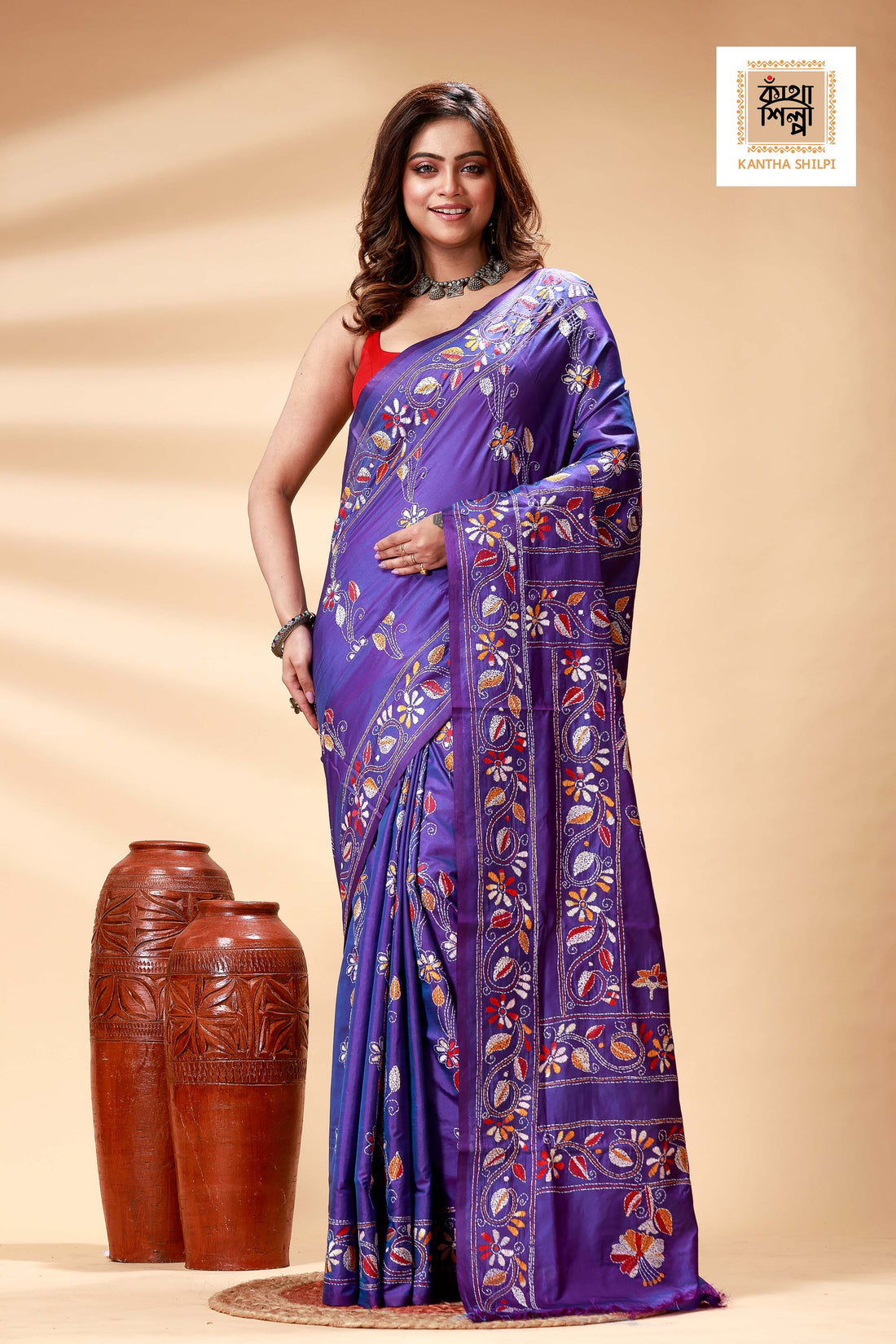 Purple Color Bangalore Silk Multicolor Thread Work Kantha Stitch Saree