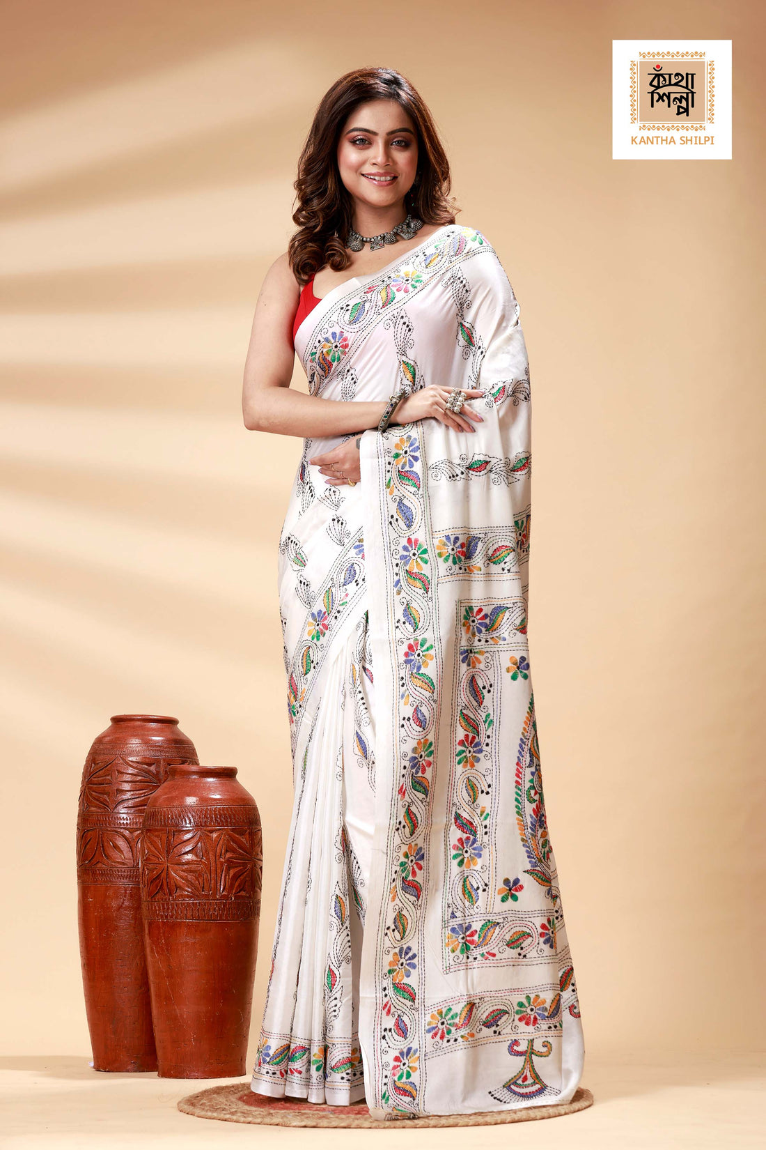 White Color Bangalore Silk Multicolor Thread Work Kantha Stitch Saree